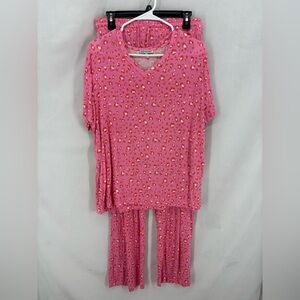 Mary Square Pink Leopard Print Pajama Set Short Sleeve Top Elastic Waist Pants
